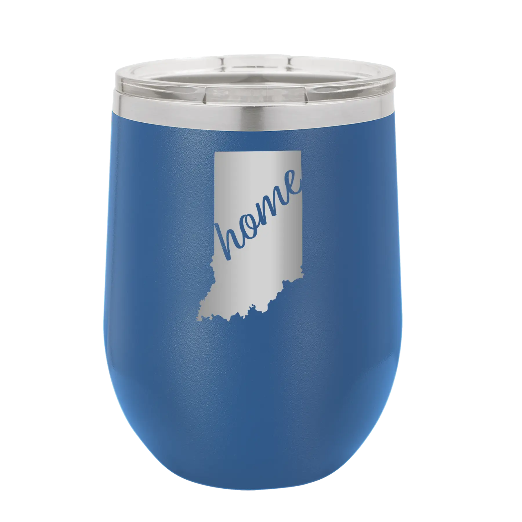 Laser etched royal blue 12 oz vacuum insulated wine cup with 'Indiana Home' design