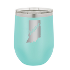 Laser etched teal 12 oz vacuum insulated wine cup with 'Indiana Home' design
