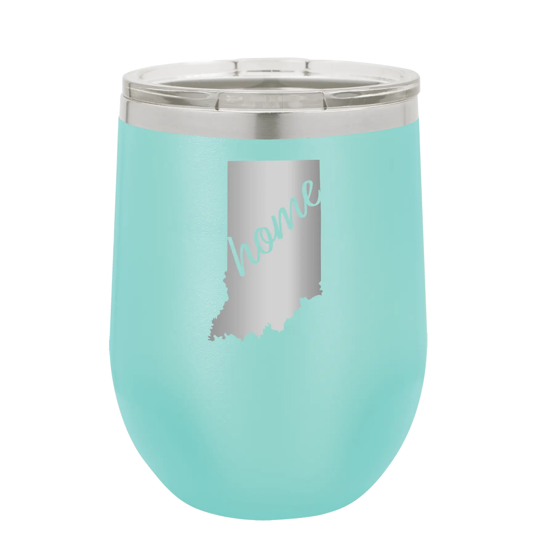 Laser etched teal 12 oz vacuum insulated wine cup with 'Indiana Home' design