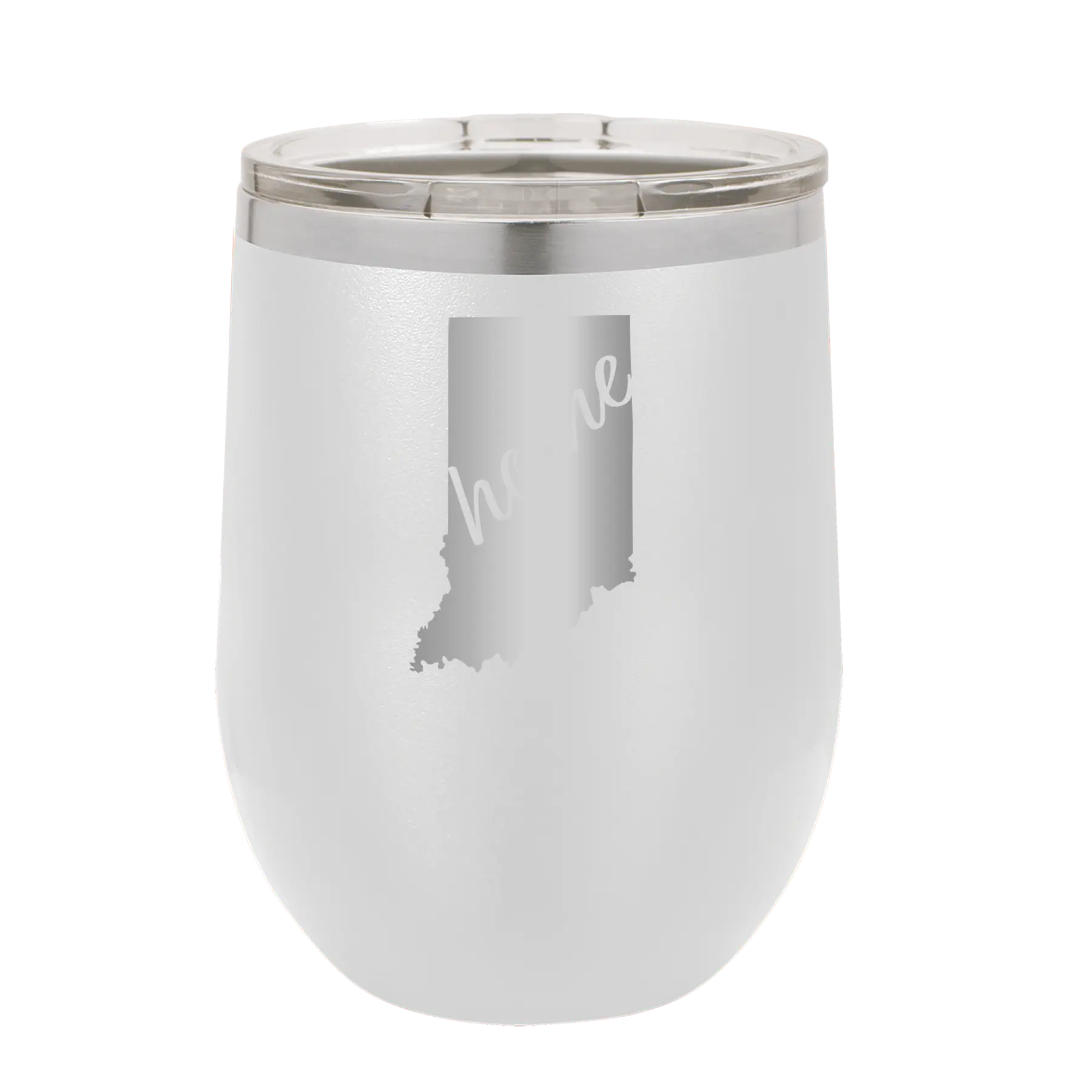 Laser etched white 12 oz vacuum insulated wine cup with 'Indiana Home' design