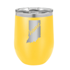 Laser etched yellow 12 oz vacuum insulated wine cup with 'Indiana Home' design