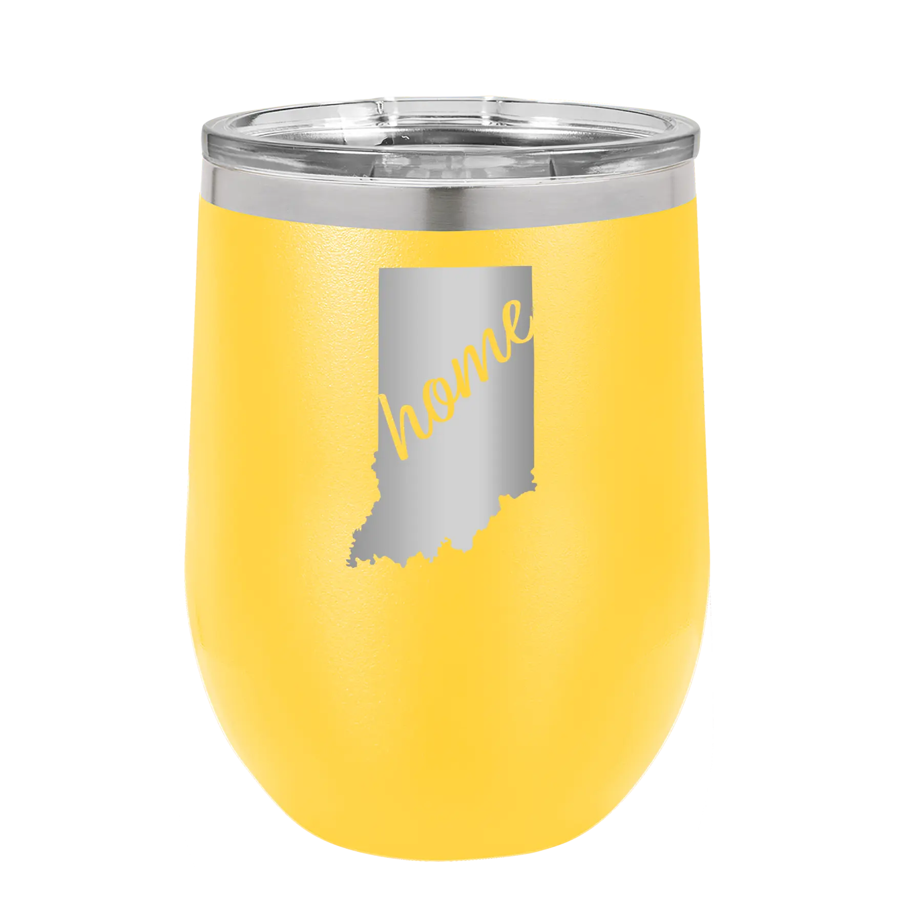 Laser etched yellow 12 oz vacuum insulated wine cup with 'Indiana Home' design