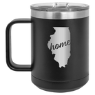 Laser etched black 15 oz vacuum insulated coffee mug with 'Illinois Home' design