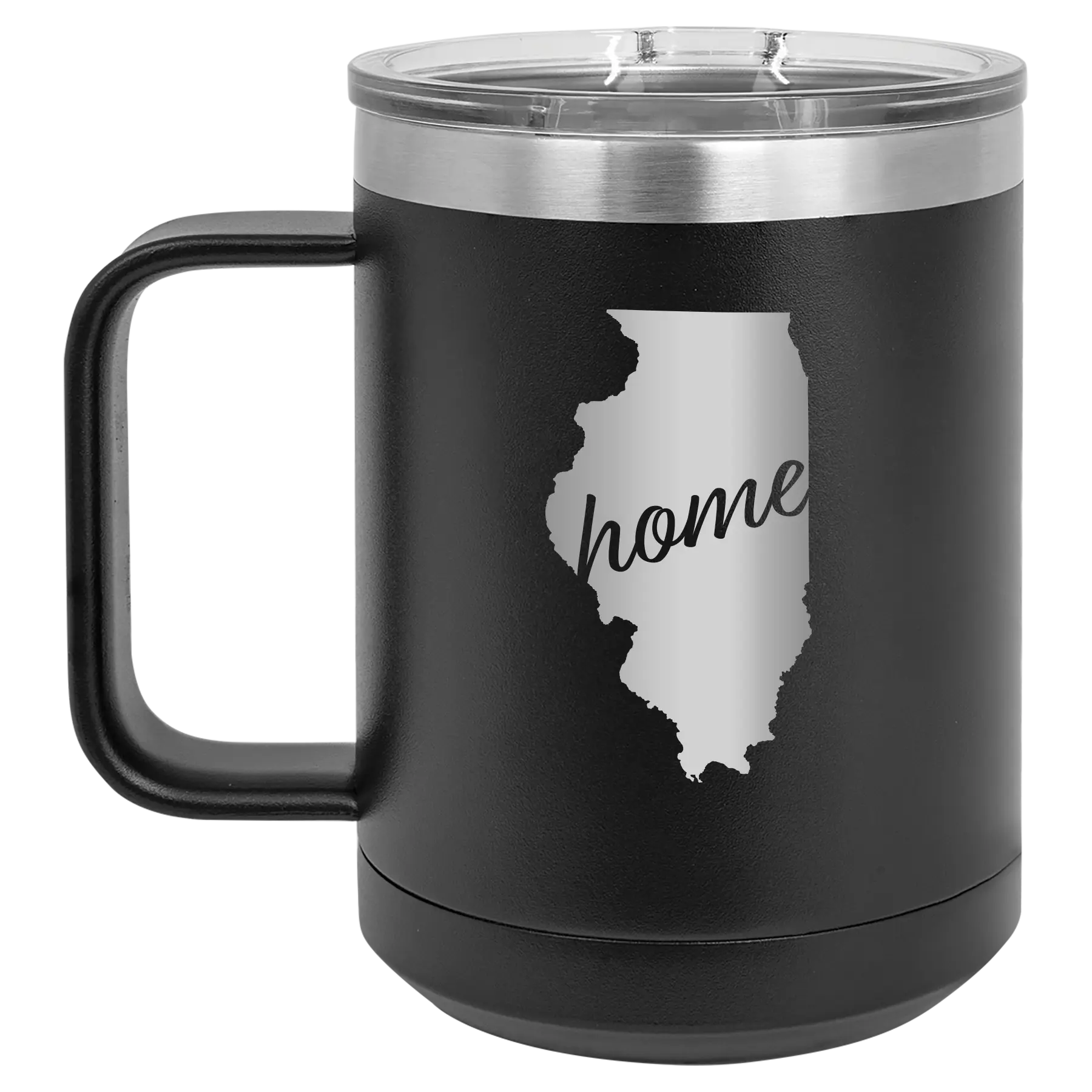 Laser etched black 15 oz vacuum insulated coffee mug with 'Illinois Home' design