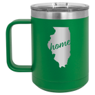 Laser etched green 15 oz vacuum insulated coffee mug with 'Illinois Home' design