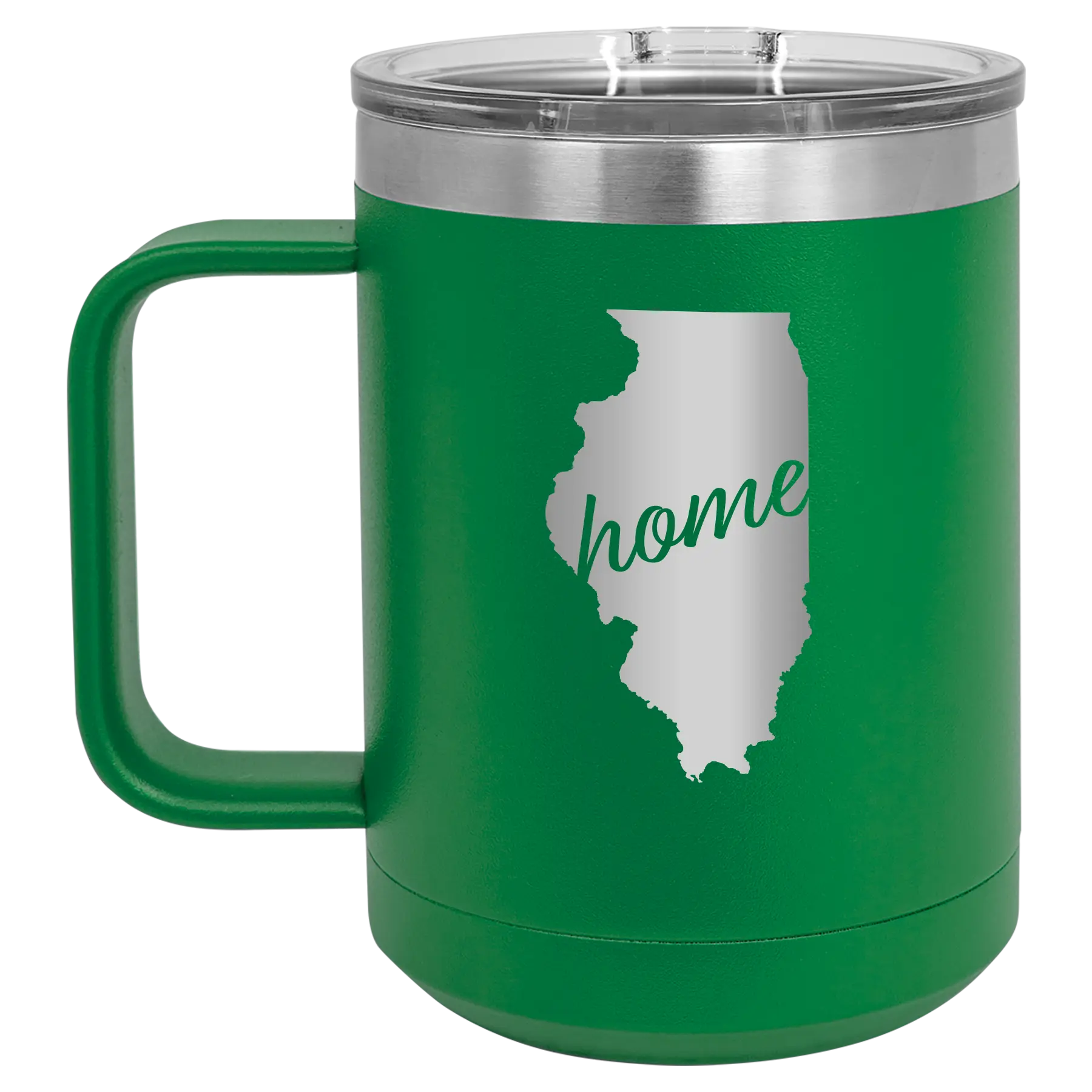 Laser etched green 15 oz vacuum insulated coffee mug with 'Illinois Home' design