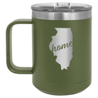Laser etched olive green 15 oz vacuum insulated coffee mug with 'Illinois Home' design