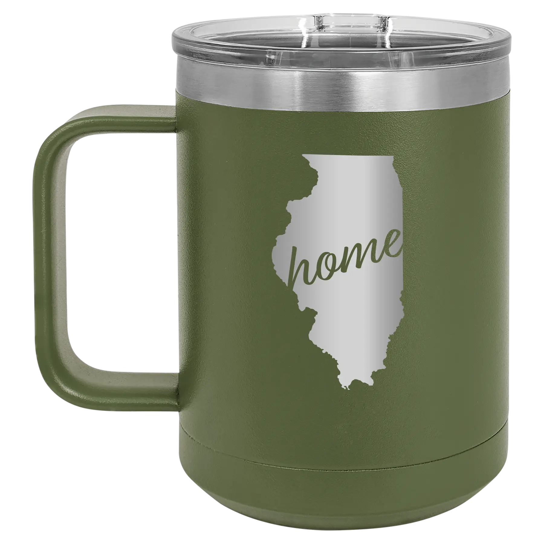 Laser etched olive green 15 oz vacuum insulated coffee mug with 'Illinois Home' design