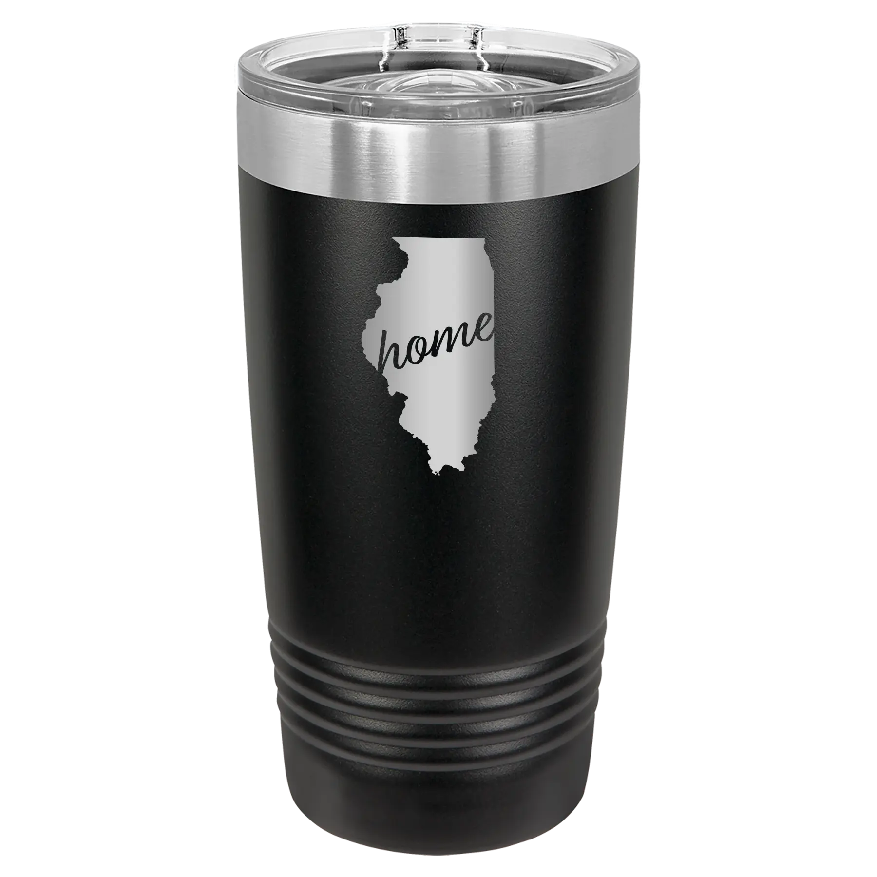 Laser etched black 20 oz vacuum insulated tumbler with 'Illinois Home' design