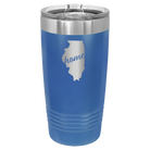Laser etched royal blue 20 oz vacuum insulated tumbler with 'Illinois Home' design