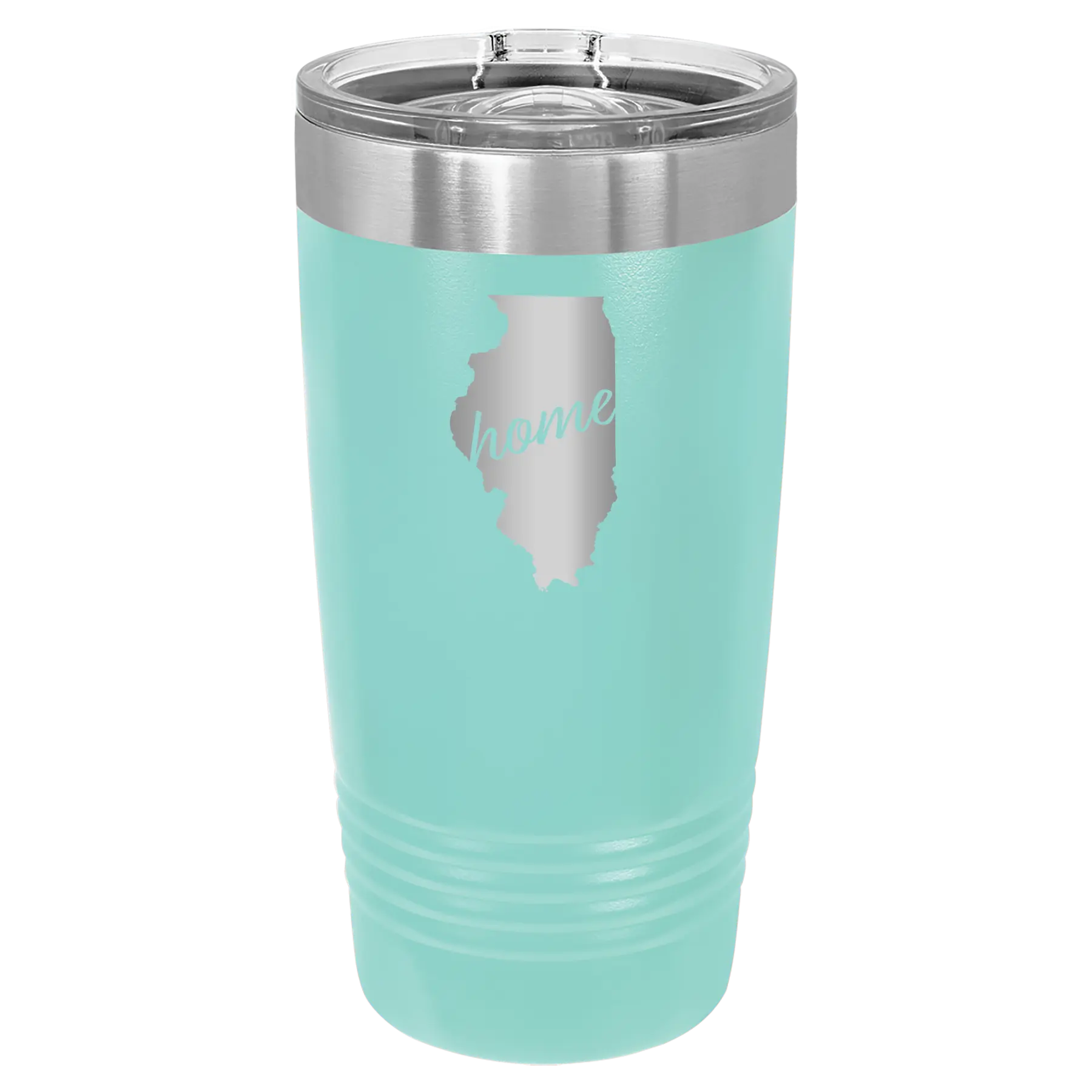 Laser etched teal 20 oz vacuum insulated tumbler with 'Illinois Home' design