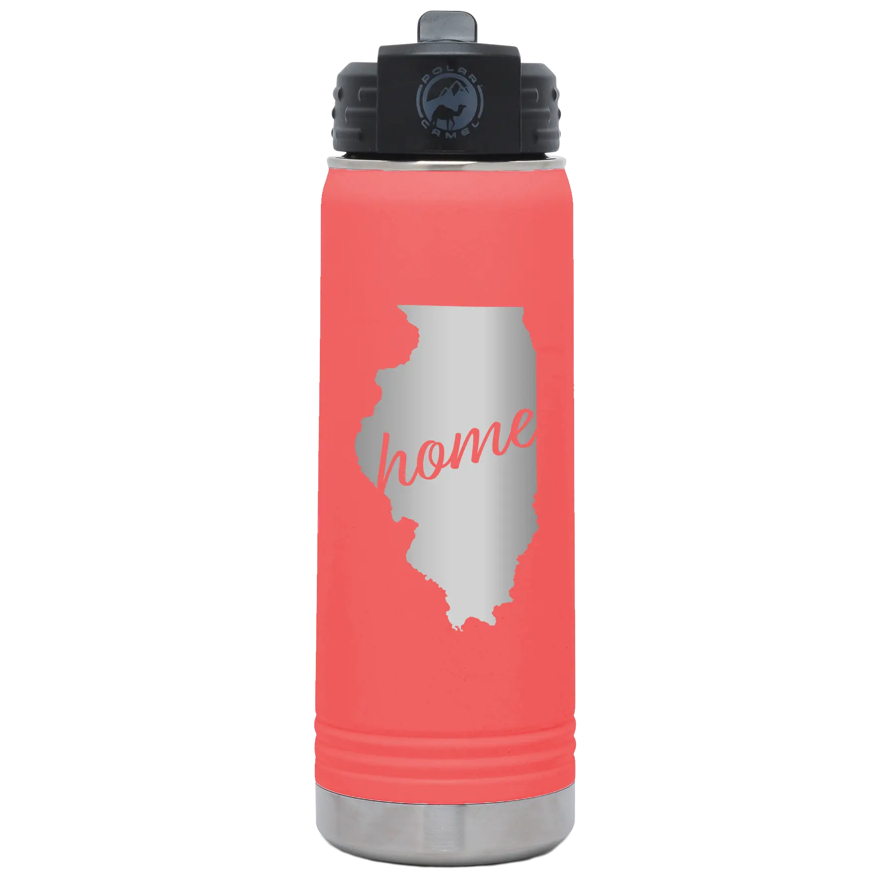 Laser etched coral 20 oz vacuum insulated water bottle with 'Illinois Home' design