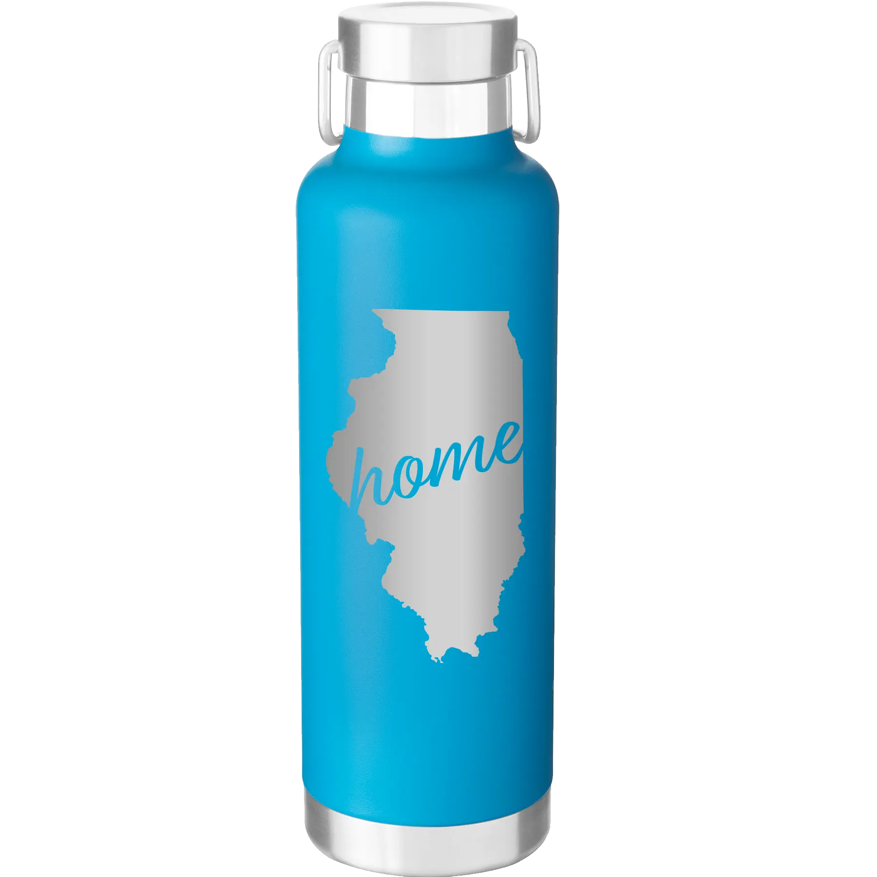 Laser etched aqua 24 oz vacuum insulated water bottle with 'Illinois Home' design