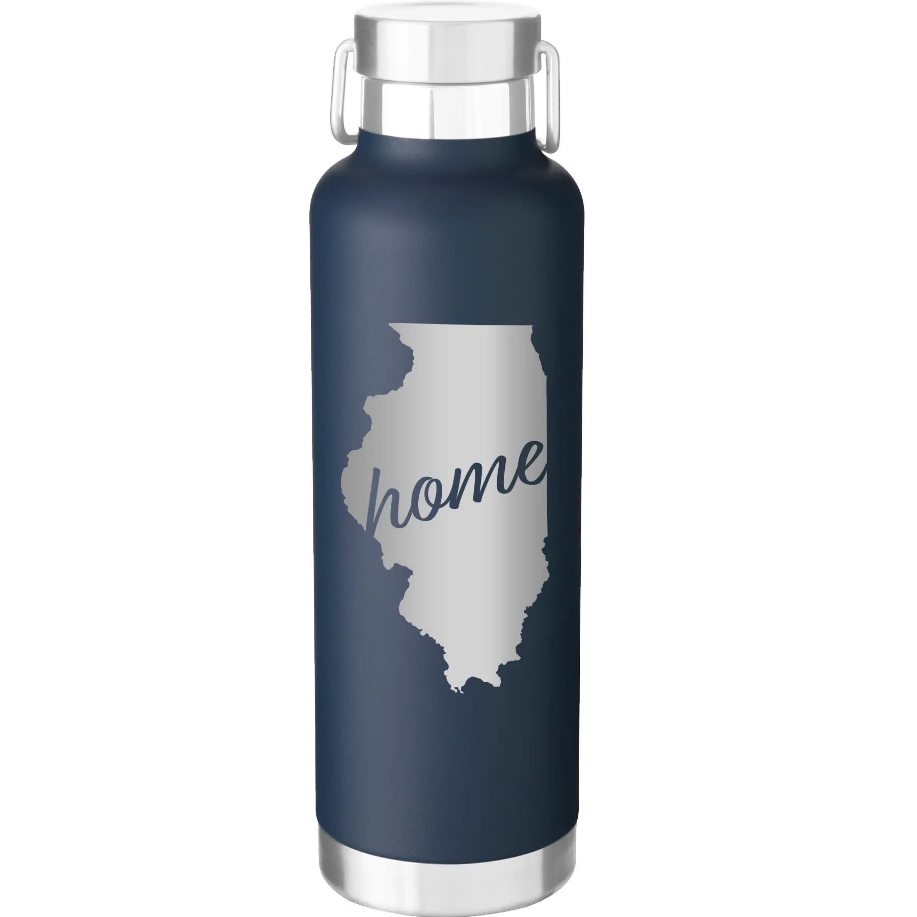 Laser etched navy 24 oz vacuum insulated water bottle with 'Illinois Home' design