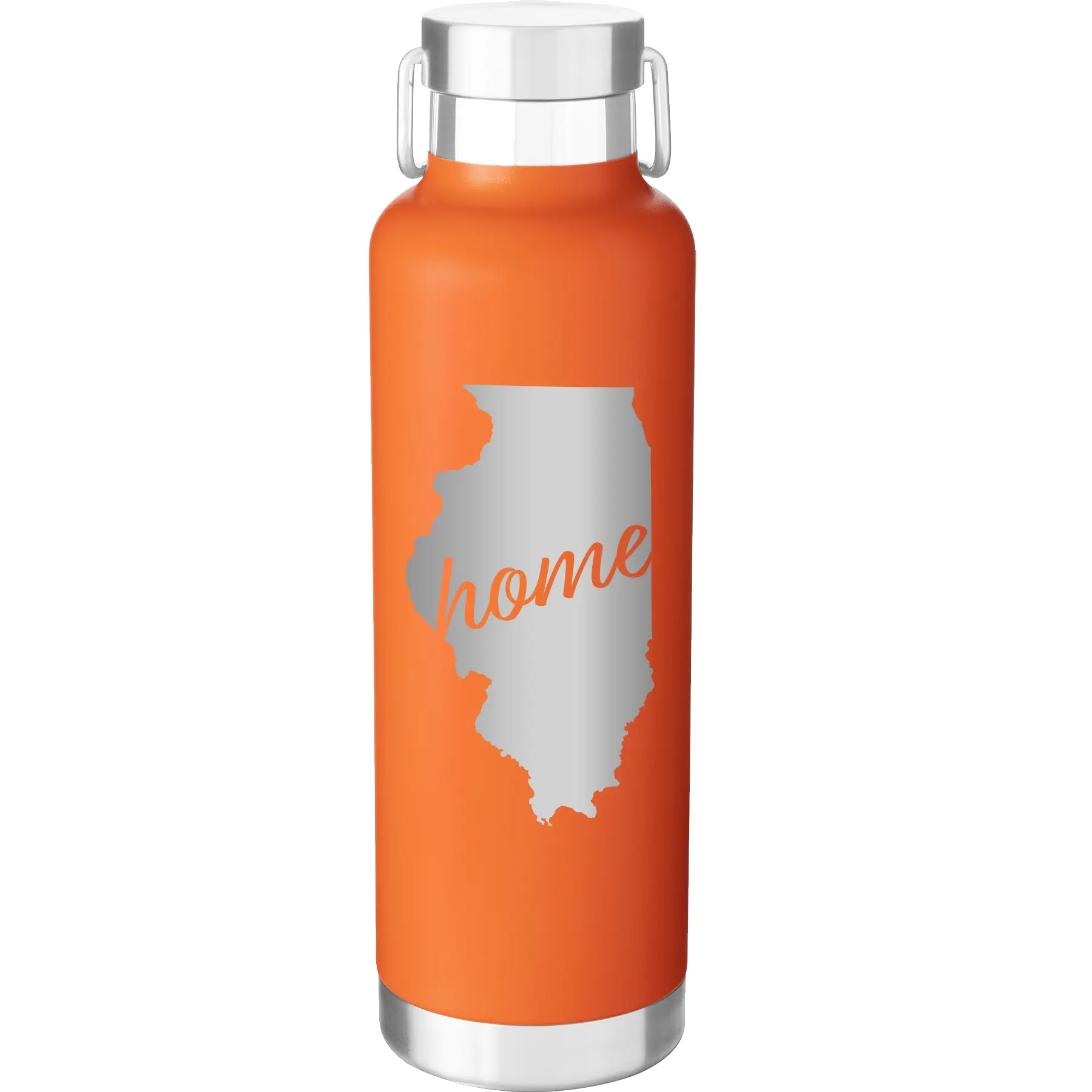 Laser etched orange 24 oz vacuum insulated water bottle with 'Illinois Home' design