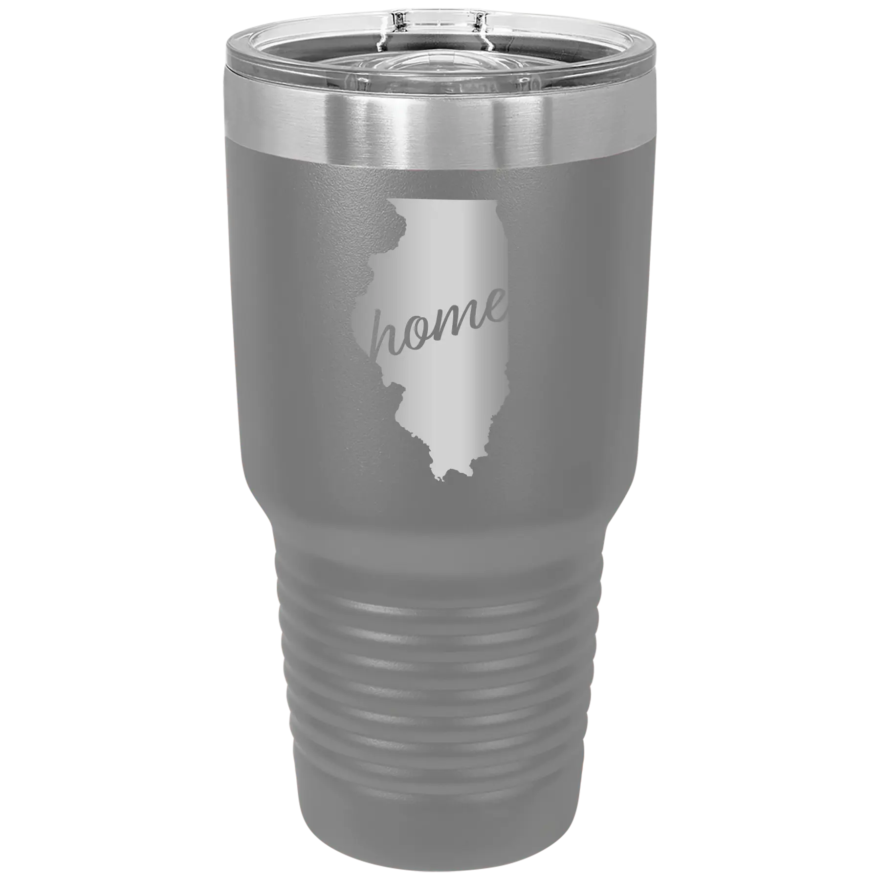 Laser etched dark gray 30 oz vacuum insulated tumbler with 'Illinois Home' design