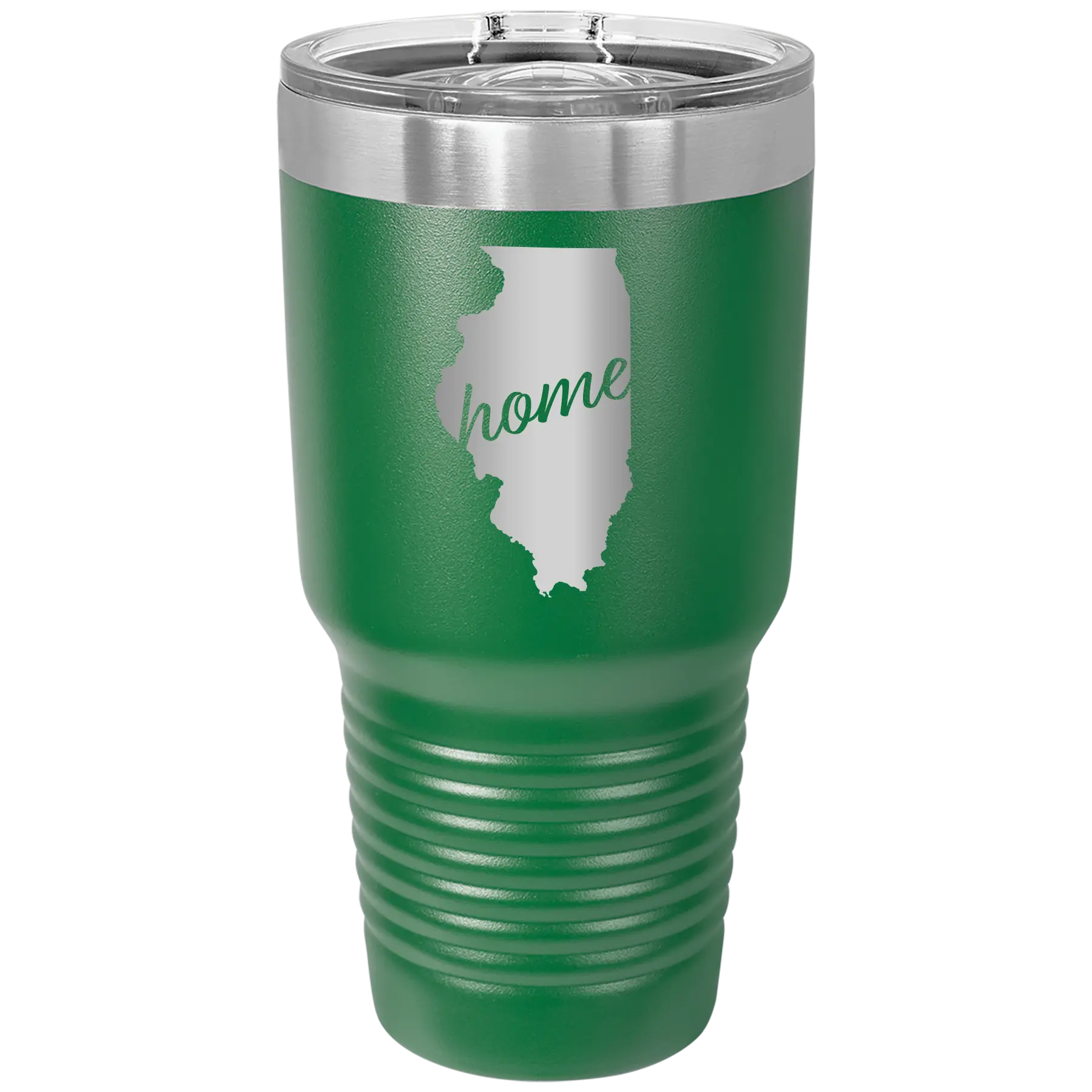 Laser etched green 30 oz vacuum insulated tumbler with 'Illinois Home' design