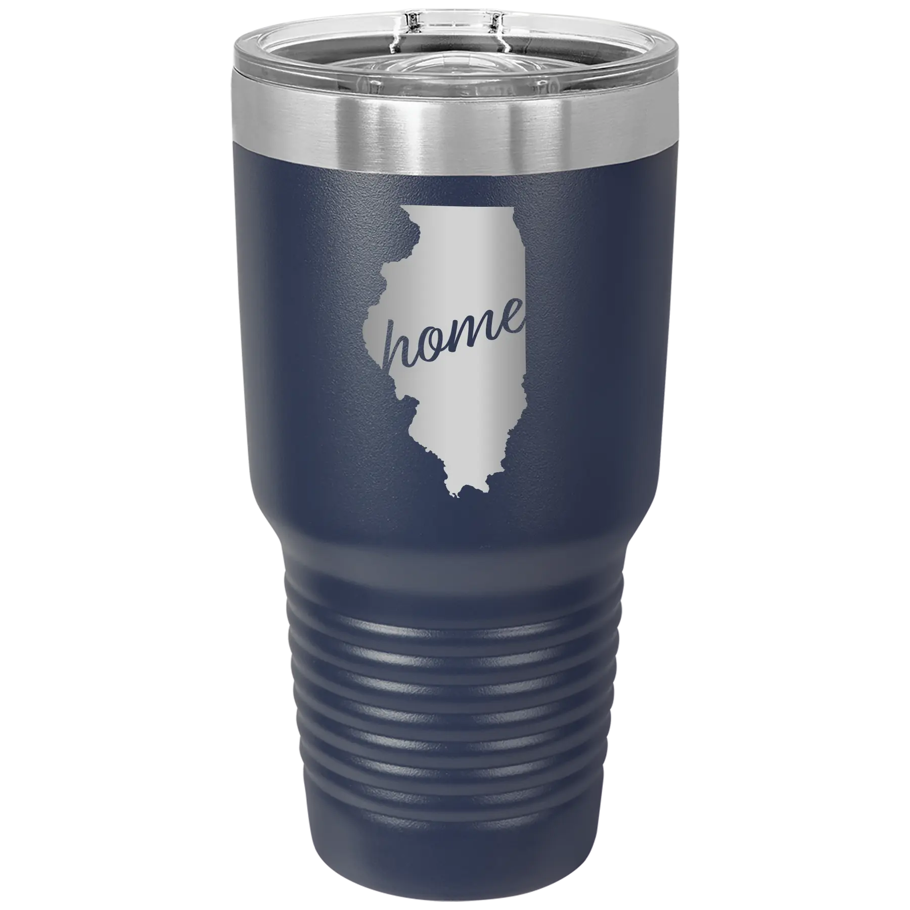 Laser etched navy 30 oz vacuum insulated tumbler with 'Illinois Home' design