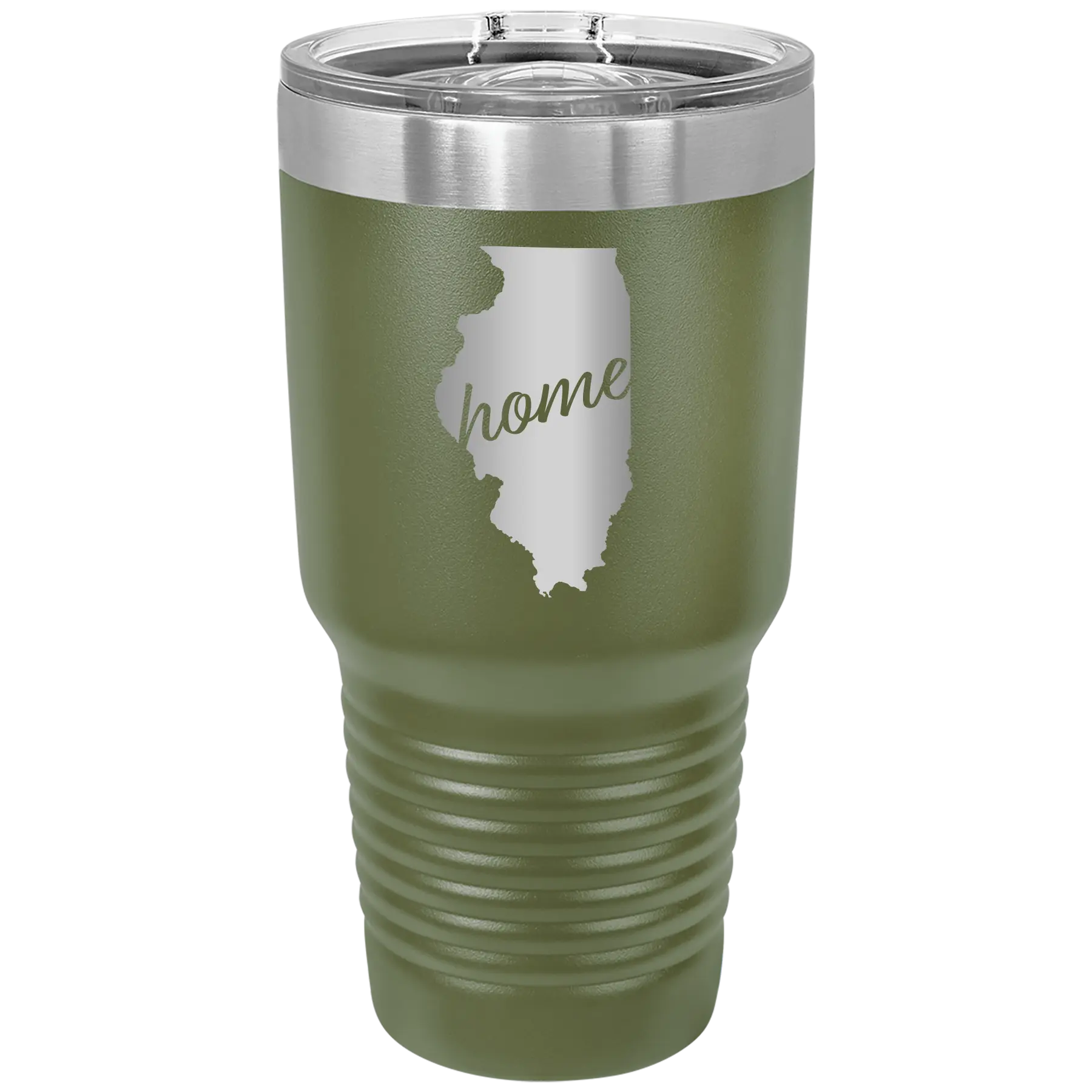 Laser etched olive green 30 oz vacuum insulated tumbler with 'Illinois Home' design
