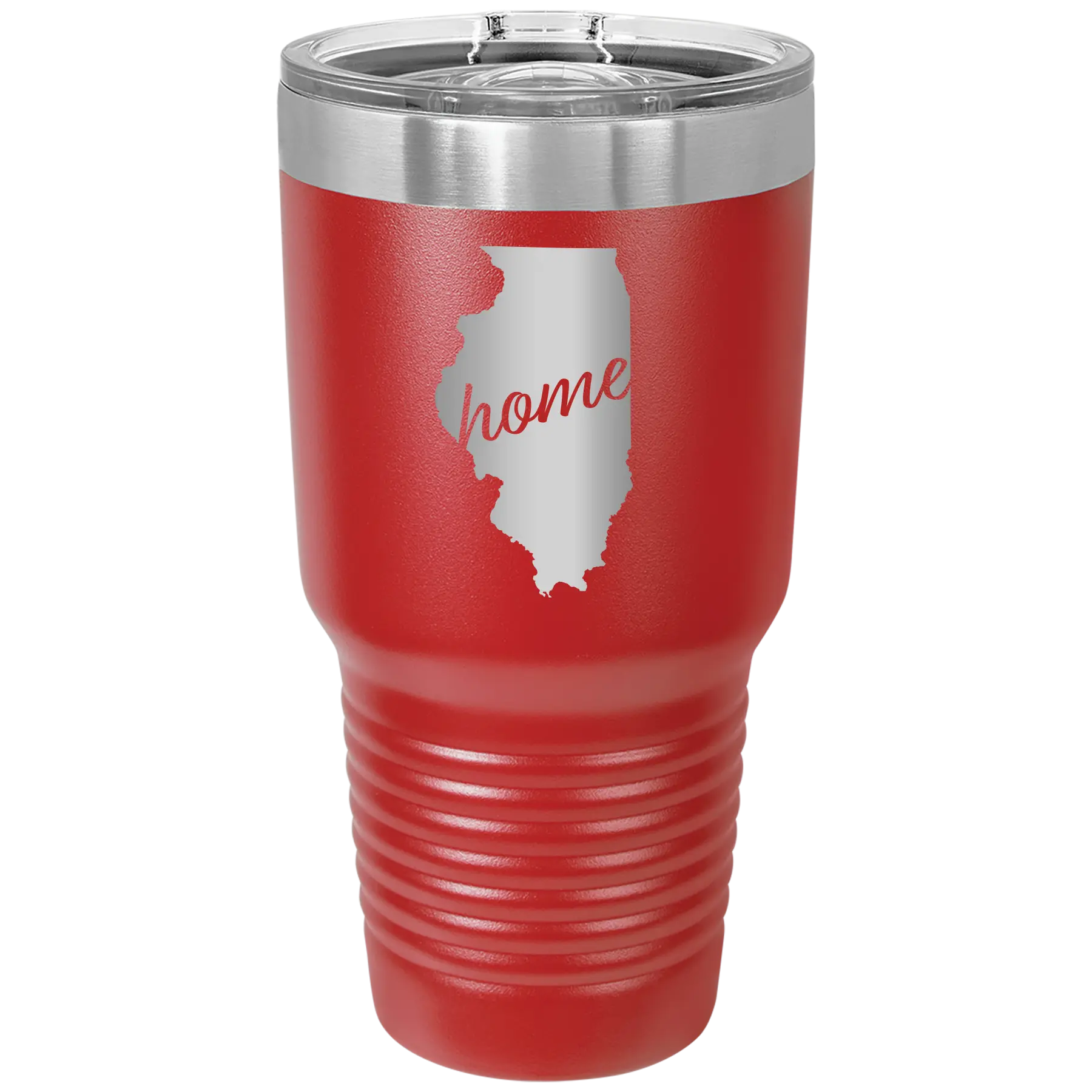 Laser etched red 30 oz vacuum insulated tumbler with 'Illinois Home' design