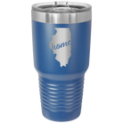 Laser etched royal blue 30 oz vacuum insulated tumbler with 'Illinois Home' design