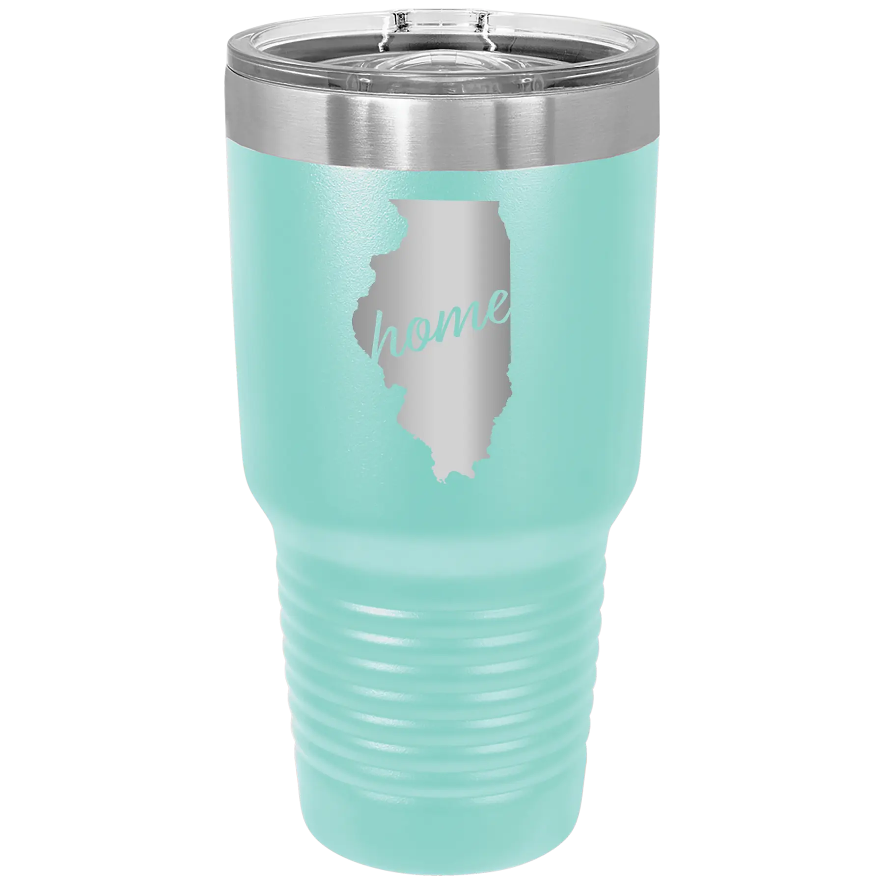 Laser etched teal 30 oz vacuum insulated tumbler with 'Illinois Home' design