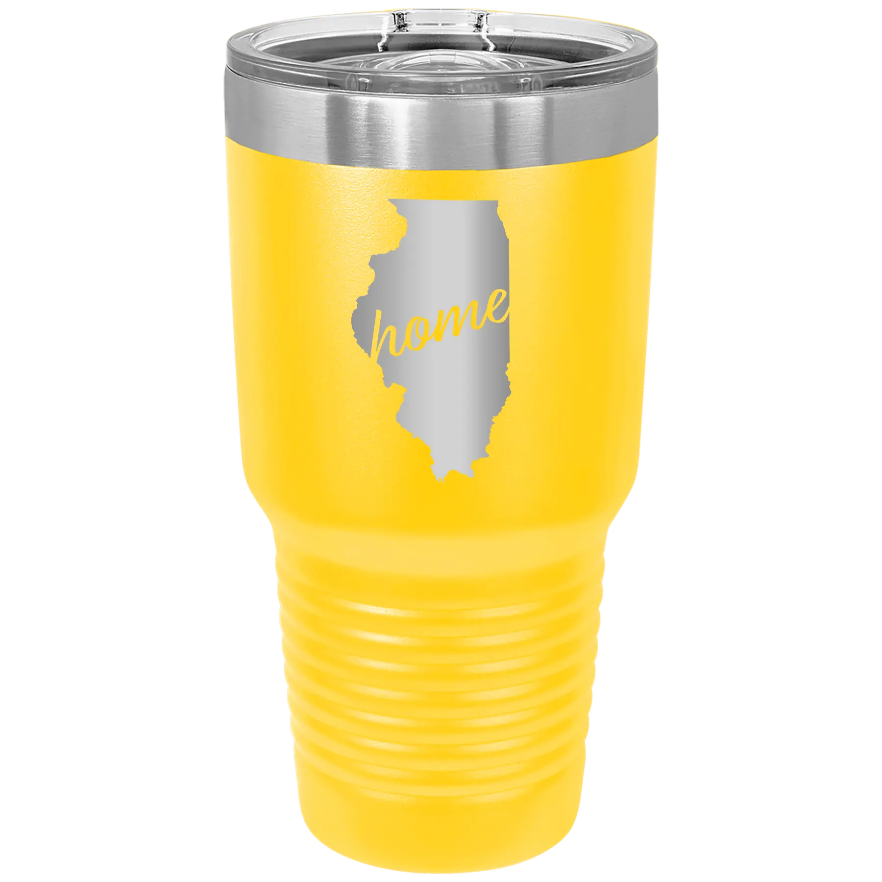 Laser etched yellow 30 oz vacuum insulated tumbler with 'Illinois Home' design