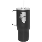 Laser etched black 40 oz vacuum insulated tumbler mug with 'Illinois Home' design