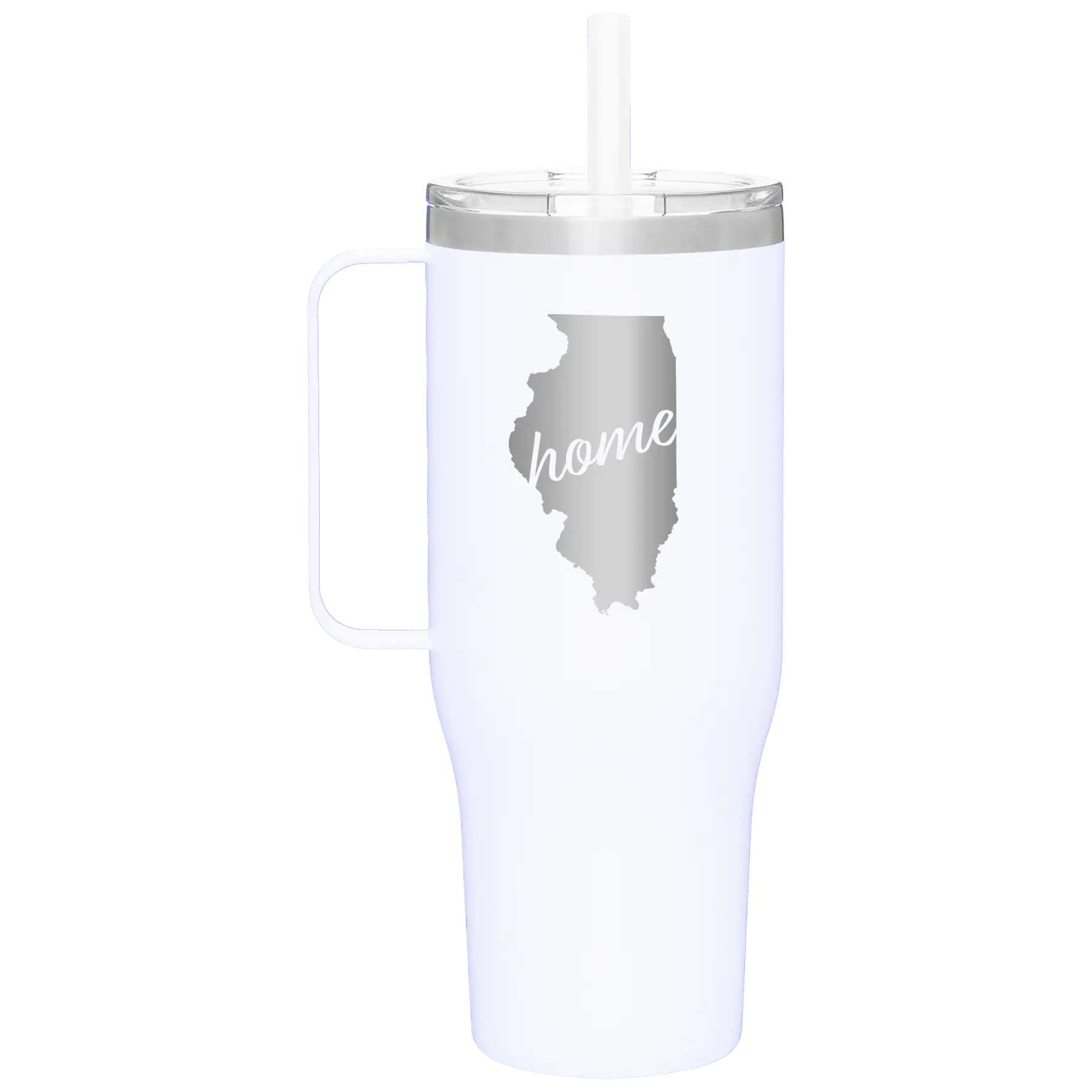 Laser etched white 40 oz vacuum insulated tumbler mug with 'Illinois Home' design