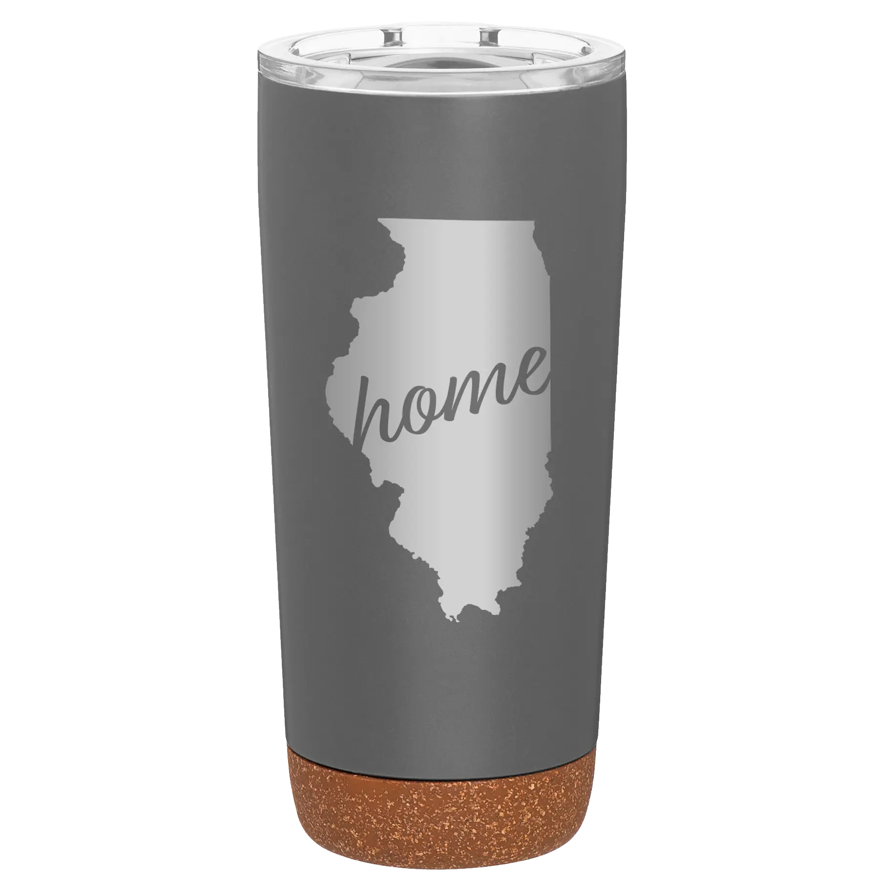 Laser etched storm gray 20 oz vacuum insulated tumbler with 'Illinois Home' design