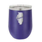 Laser etched purple 12 oz vacuum insulated wine cup with 'Illinois Home' design
