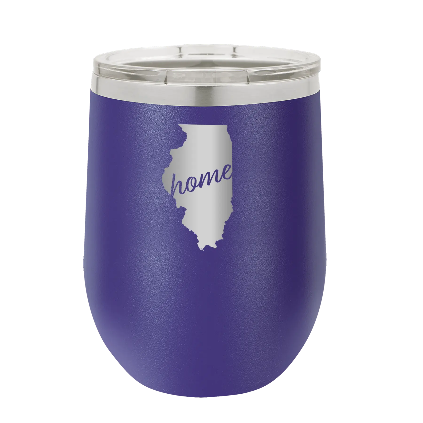 Laser etched purple 12 oz vacuum insulated wine cup with 'Illinois Home' design