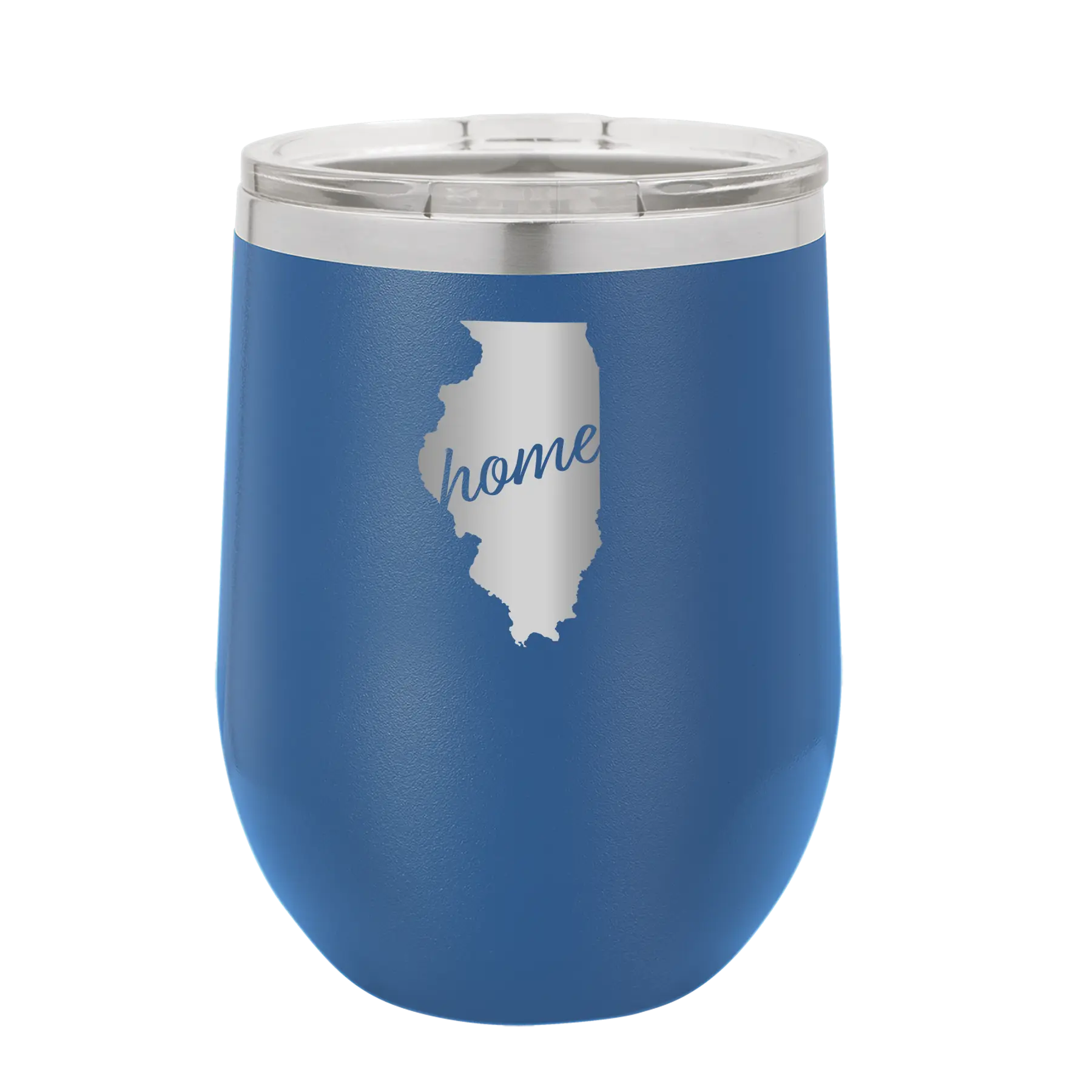 Laser etched royal blue 12 oz vacuum insulated wine cup with 'Illinois Home' design
