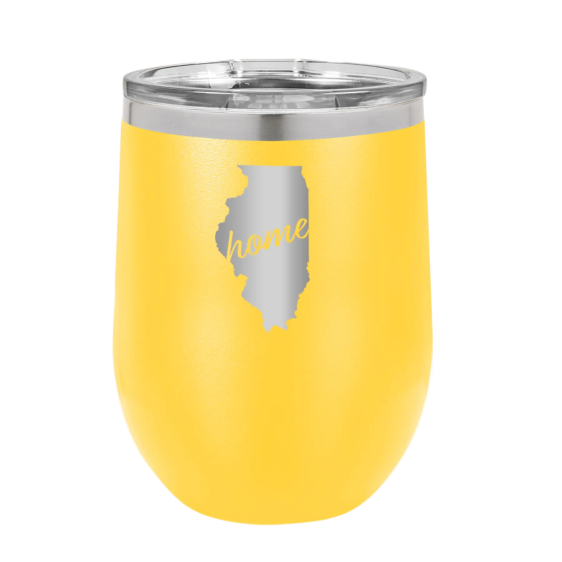 Laser etched yellow 12 oz vacuum insulated wine cup with 'Illinois Home' design