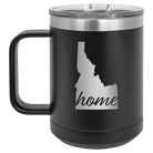 Laser etched black 15 oz vacuum insulated coffee mug with 'Idaho Home' design
