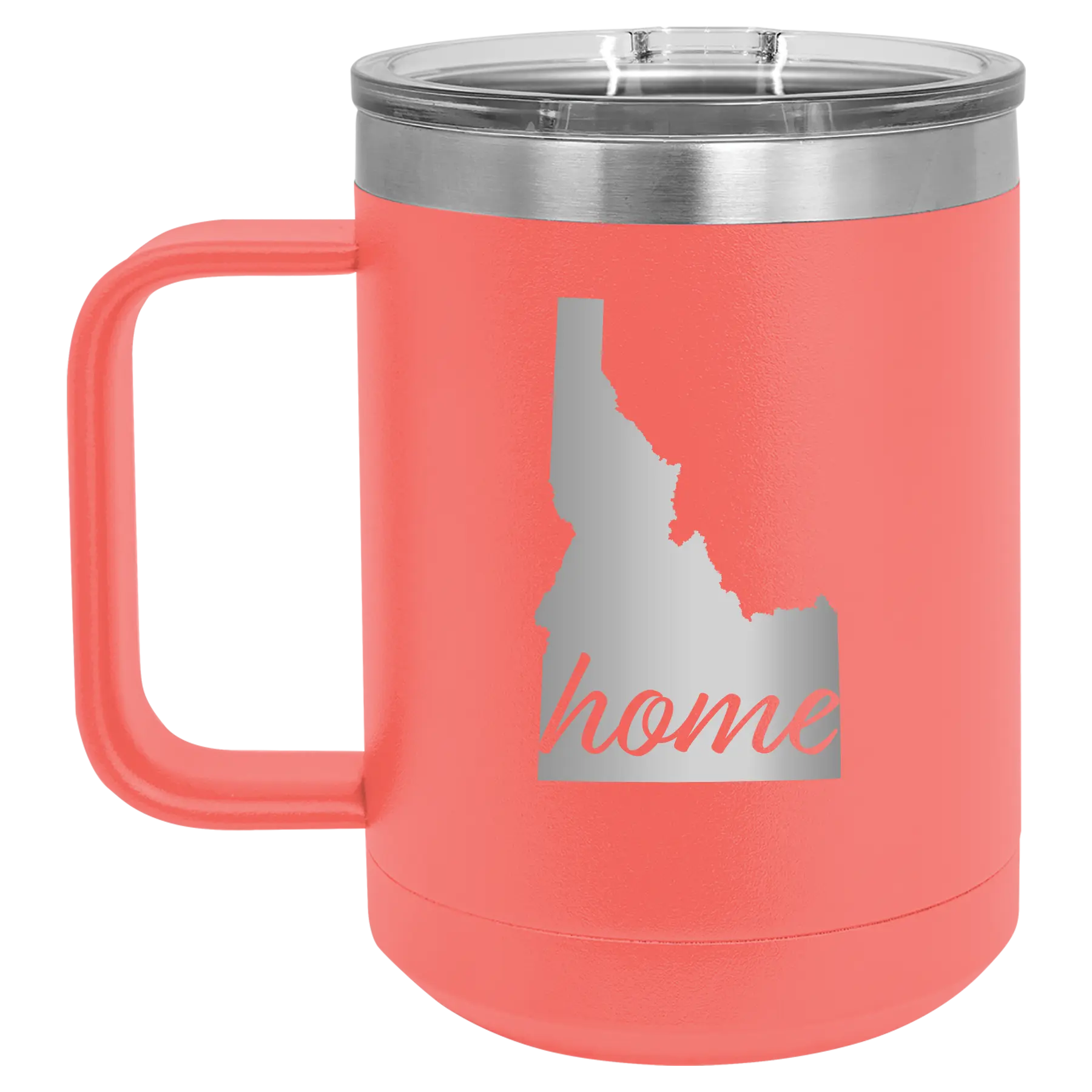 Laser etched coral 15 oz vacuum insulated coffee mug with 'Idaho Home' design