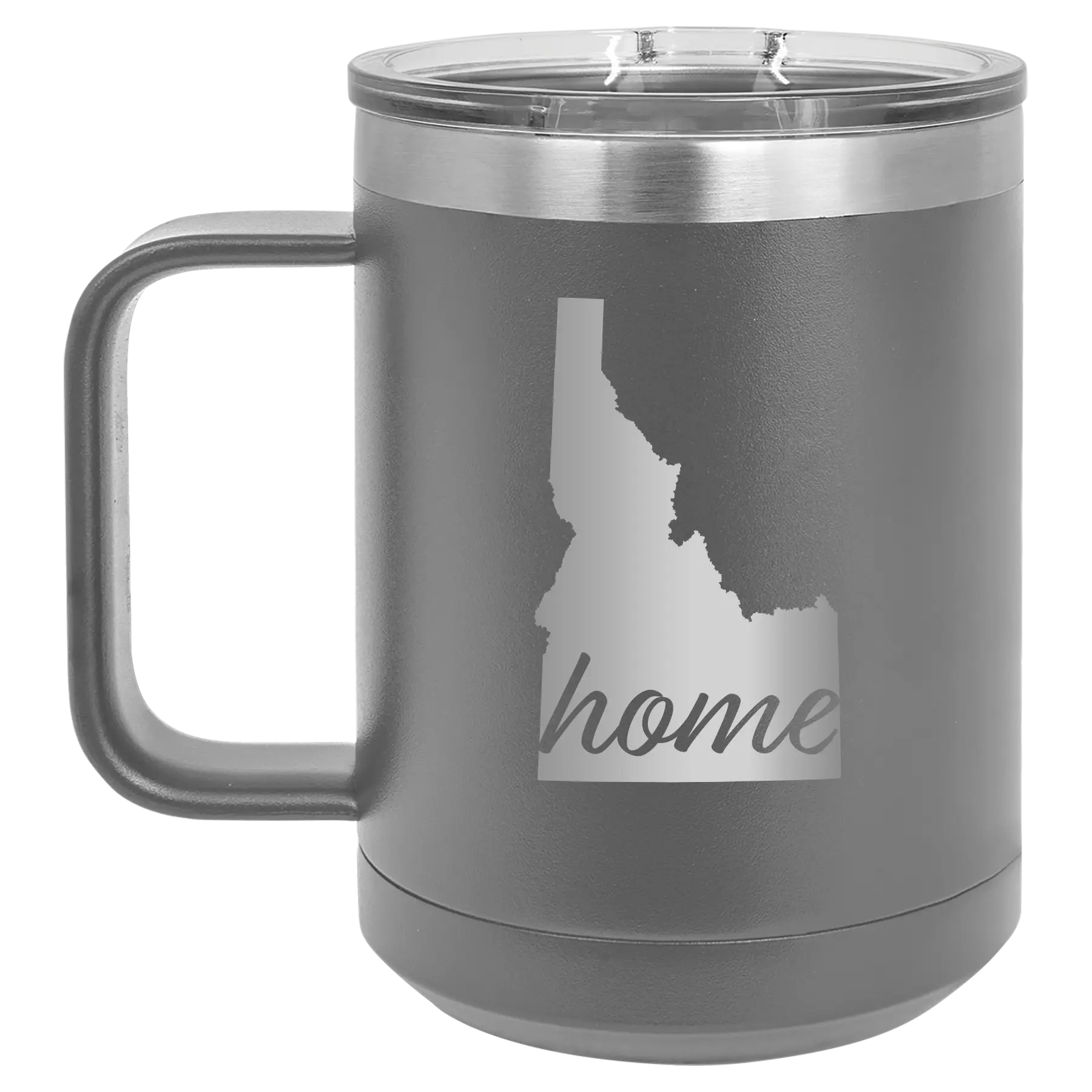 Laser etched dark gray 15 oz vacuum insulated coffee mug with 'Idaho Home' design