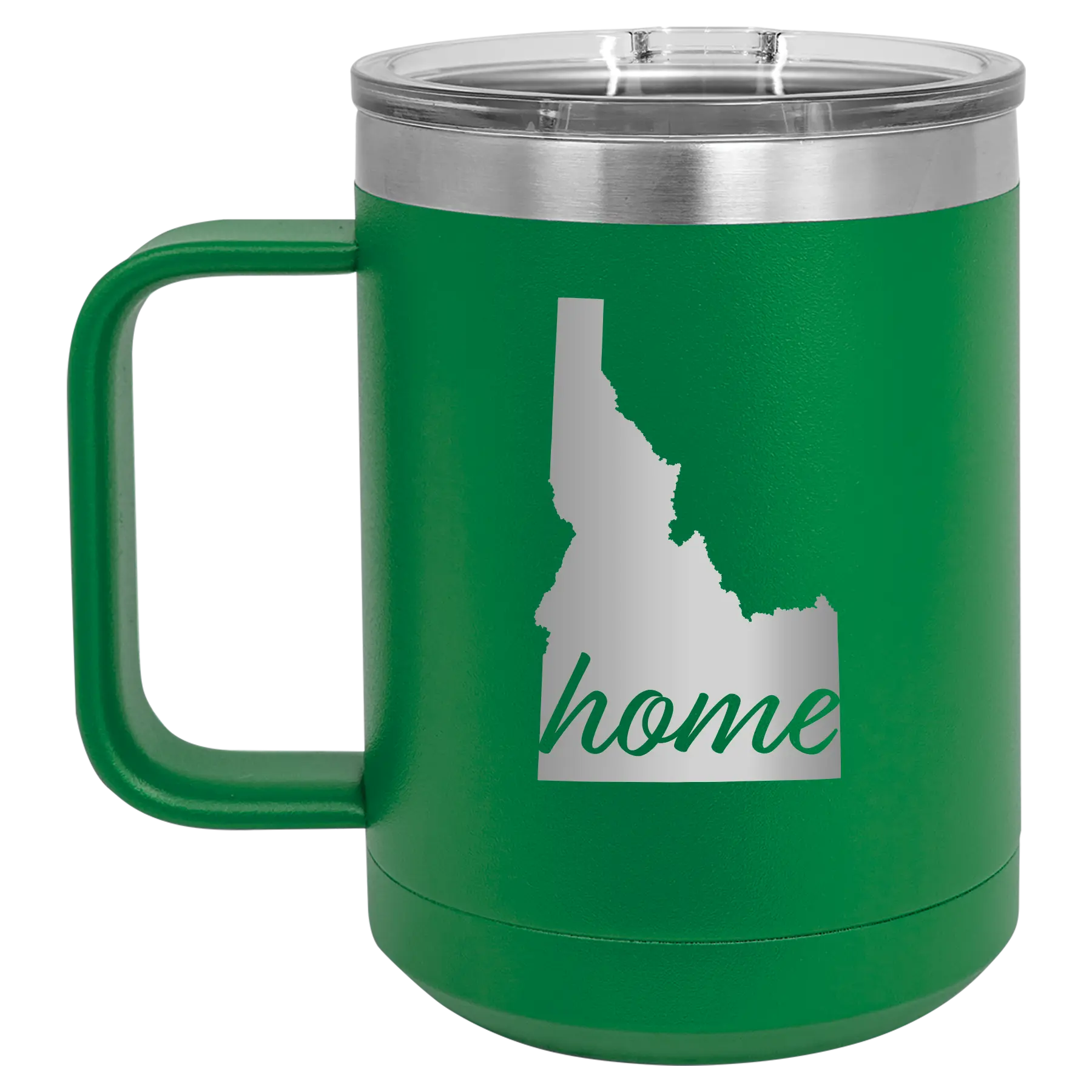 Laser etched green 15 oz vacuum insulated coffee mug with 'Idaho Home' design