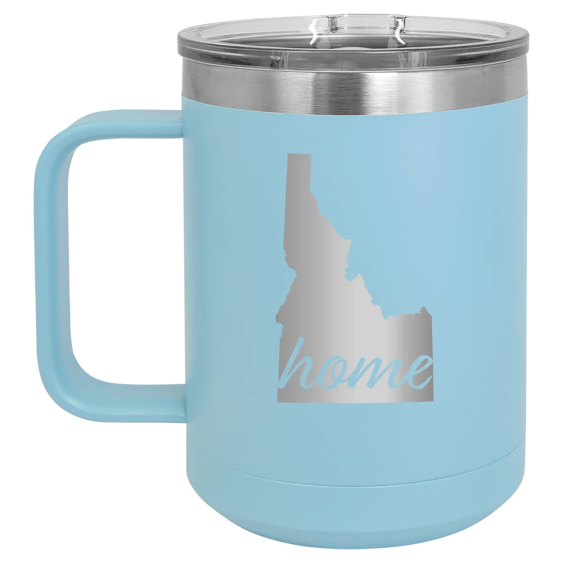 Laser etched light blue 15 oz vacuum insulated coffee mug with 'Idaho Home' design