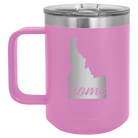 Laser etched light purple 15 oz vacuum insulated coffee mug with 'Idaho Home' design