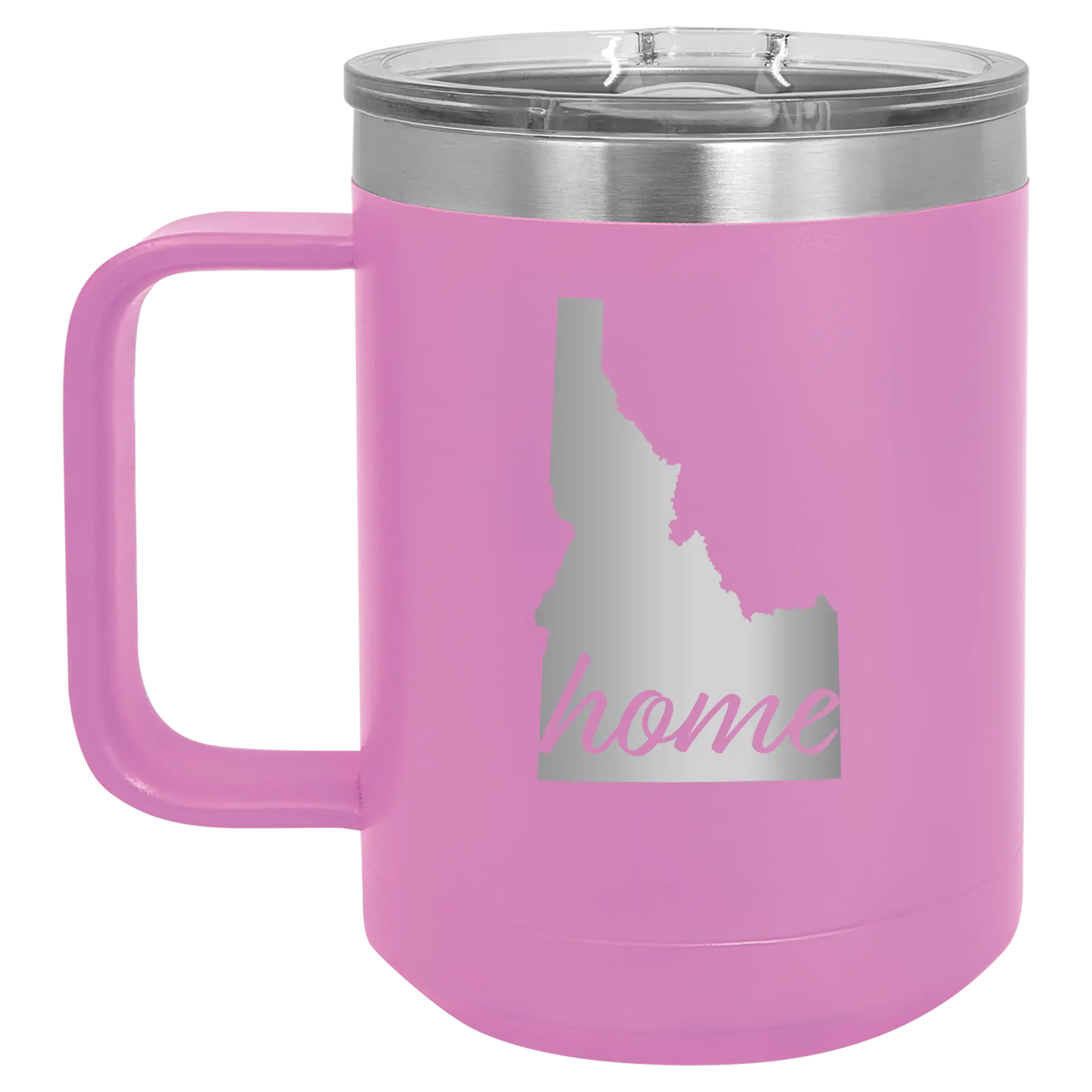Laser etched light purple 15 oz vacuum insulated coffee mug with 'Idaho Home' design