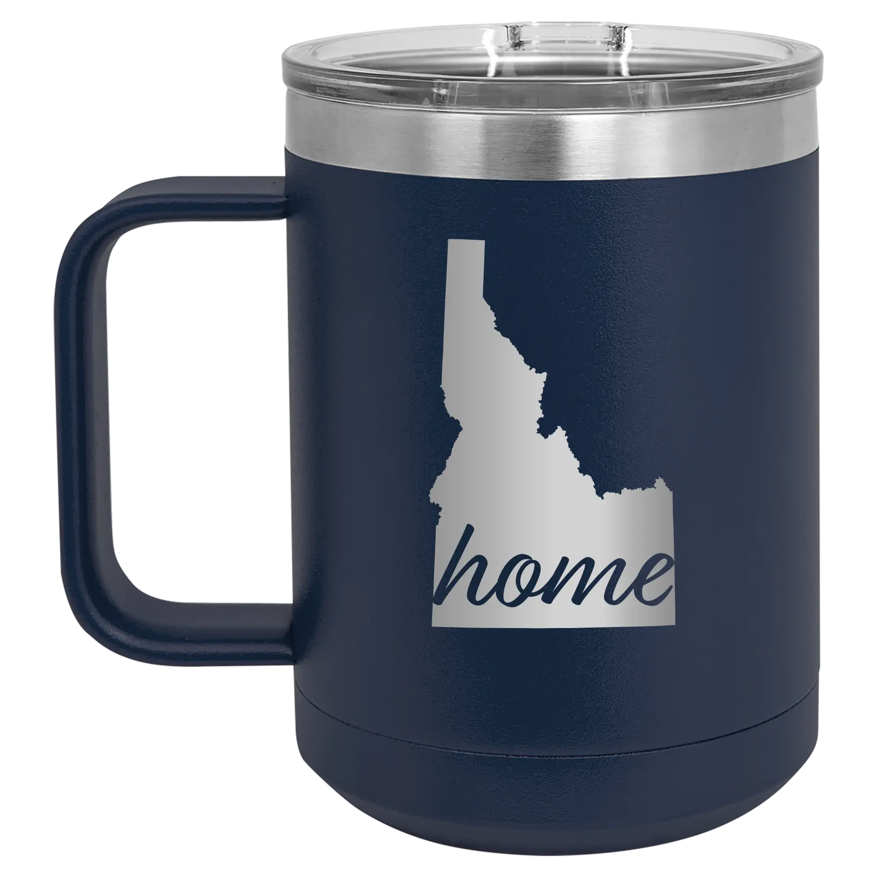 Laser etched navy 15 oz vacuum insulated coffee mug with 'Idaho Home' design