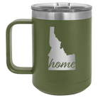 Laser etched olive green 15 oz vacuum insulated coffee mug with 'Idaho Home' design