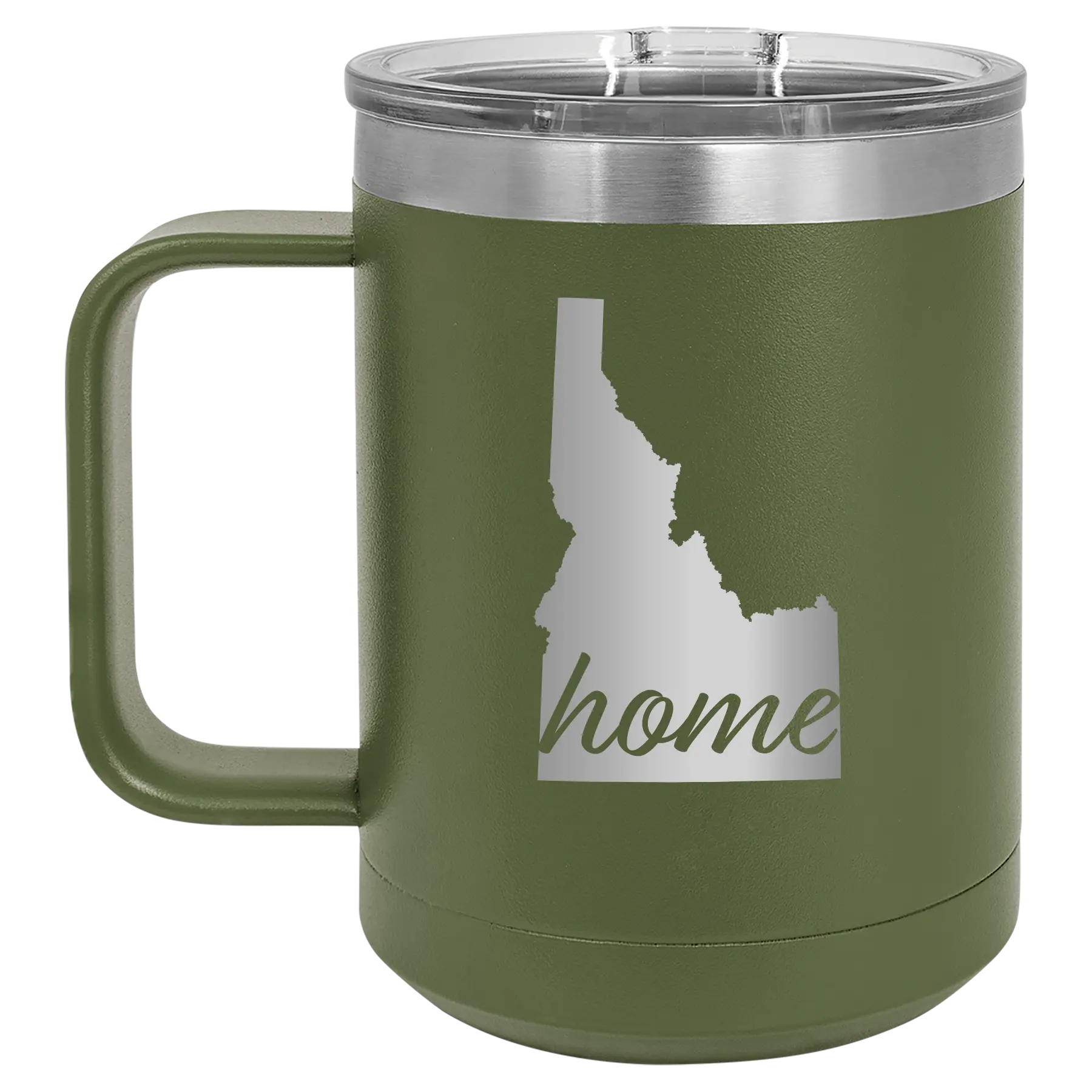 Laser etched olive green 15 oz vacuum insulated coffee mug with 'Idaho Home' design