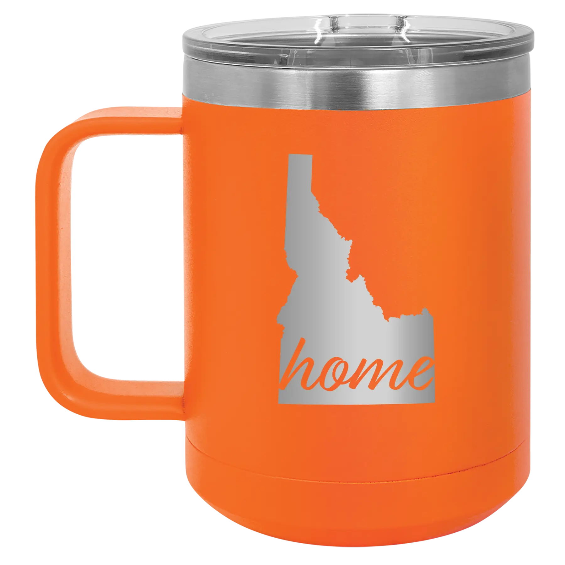 Laser etched orange 15 oz vacuum insulated coffee mug with 'Idaho Home' design