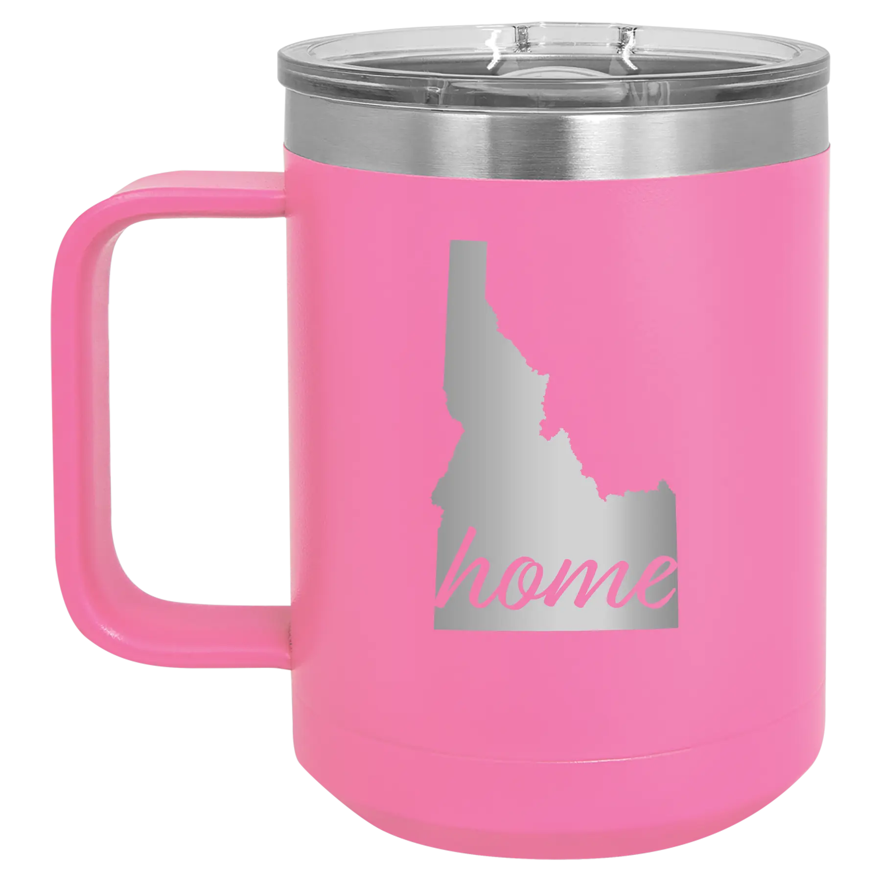 Laser etched pink 15 oz vacuum insulated coffee mug with 'Idaho Home' design
