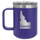 Laser etched purple 15 oz vacuum insulated coffee mug with 'Idaho Home' design
