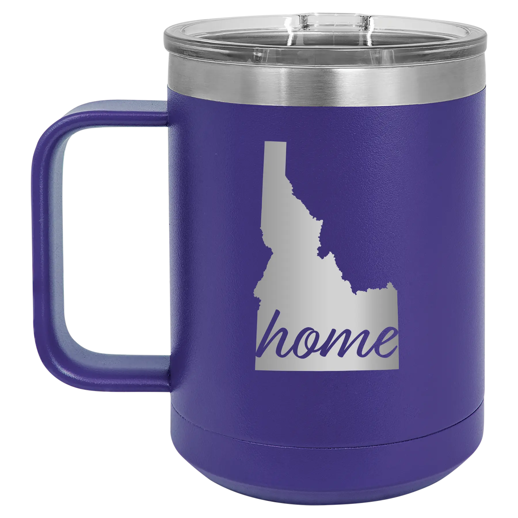 Laser etched purple 15 oz vacuum insulated coffee mug with 'Idaho Home' design