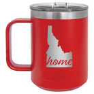 Laser etched red 15 oz vacuum insulated coffee mug with 'Idaho Home' design