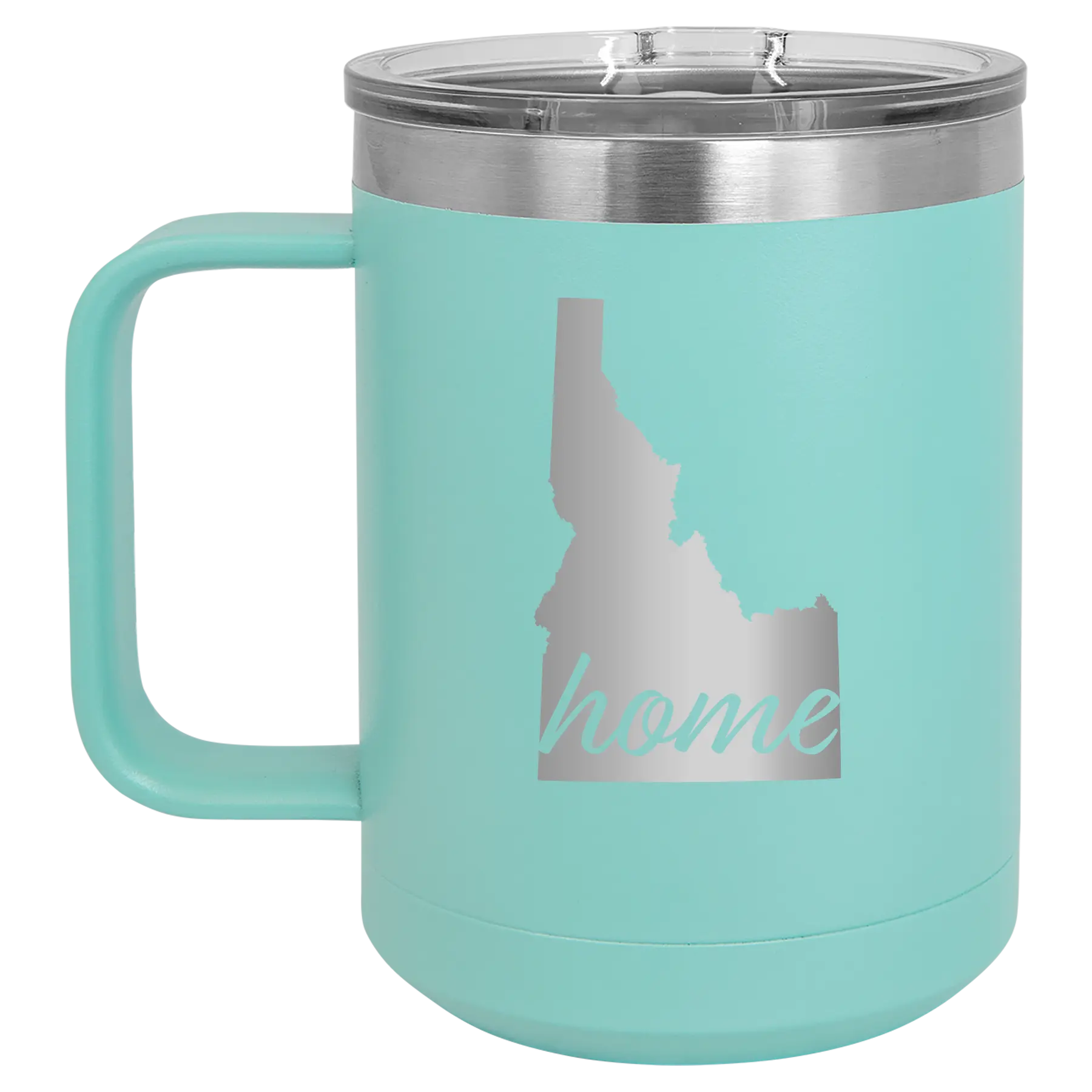 Laser etched teal 15 oz vacuum insulated coffee mug with 'Idaho Home' design